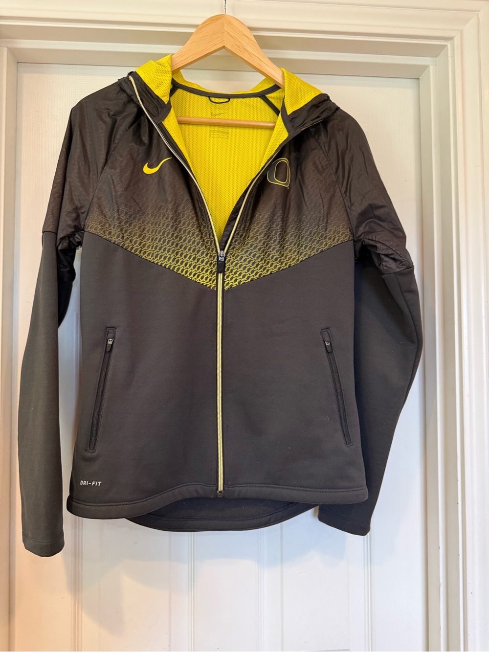 Nike Women’s Black and Yellow Hooded Dri-FIT Bomber Jacket